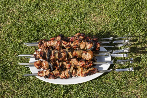 Vista Cerca Barbacoa Parrilla Plato Blanco Grande Fondo Alimenticio Fondos — Foto de Stock