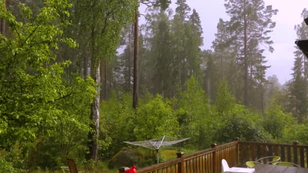夏の日に木製のパティオに雹と雨 美しい天候の背景 — ストック動画