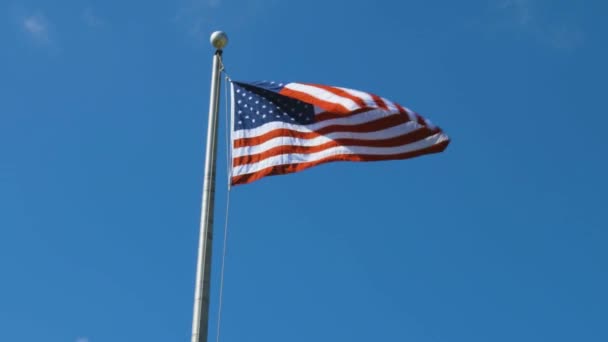 Prachtig Uitzicht Amerikaanse Vlag Groene Bomen Blauwe Hemel Met Witte — Stockvideo