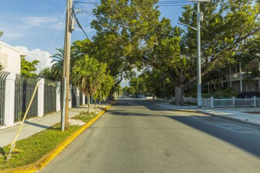 Key West caddelerinden birinin manzarası. Mavi arka planda eski evler ve büyük yeşil ağaçlar. Key West. Florida mı? Usa. 09.07.2019.