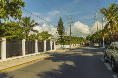 Key West caddelerinden birinin manzarası. Mavi arka planda eski evler ve büyük yeşil ağaçlar. Key West. Florida mı? Usa. 