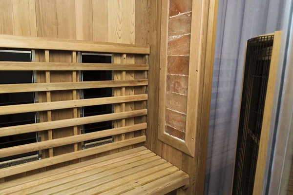 Infrared Sauna Interior Close View Wooden Walls Bench Ceramic Heaters — Stock Photo, Image