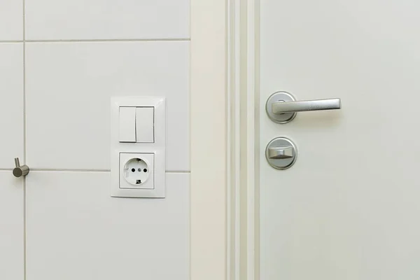 Close View Power Socket Power Switch Door Handle White Wall — Stock Photo, Image