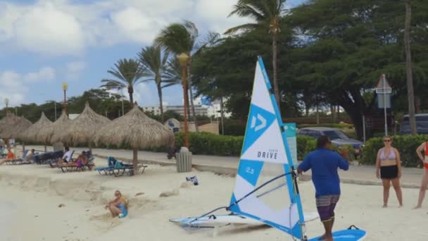 Vídeo Mostrando Instrustor Dando Explicações Curtas Sobre Windsurf Praia Areia — Vídeo de Stock