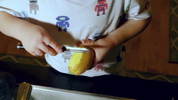 Court Métrage Montrant Enfant Apprenant Éplucher Des Pommes Terre Concept — Video