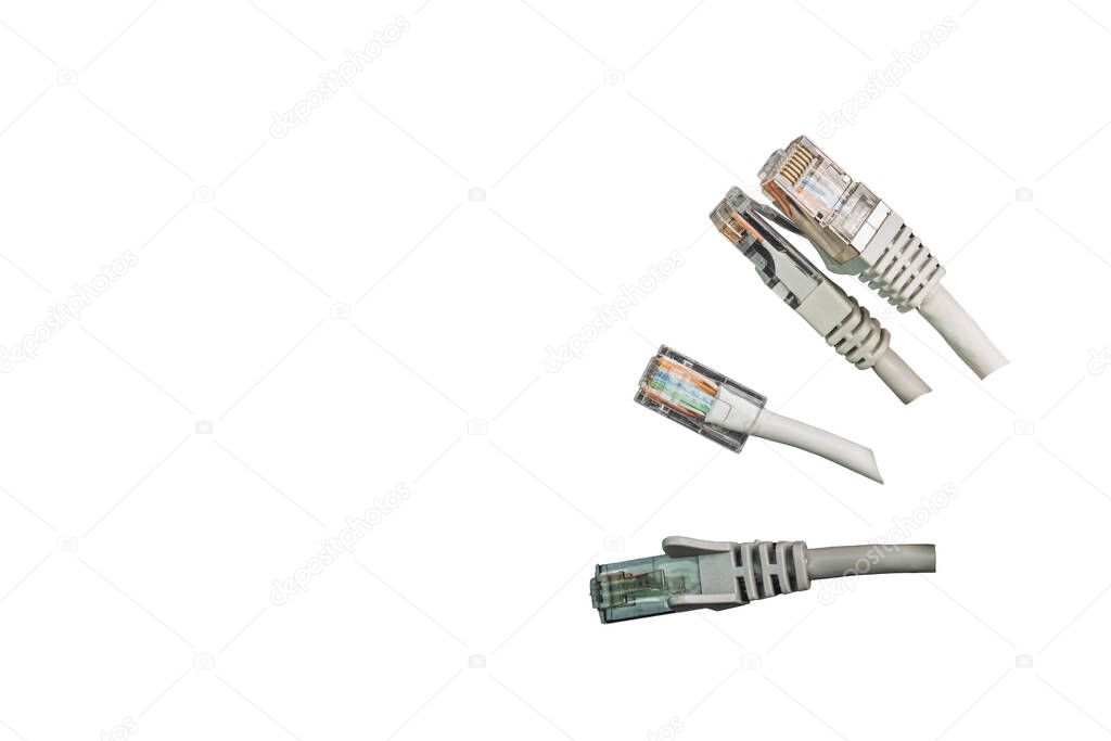 Close up view of cables network connection, internet communication and computer technology concept isolated on white background.