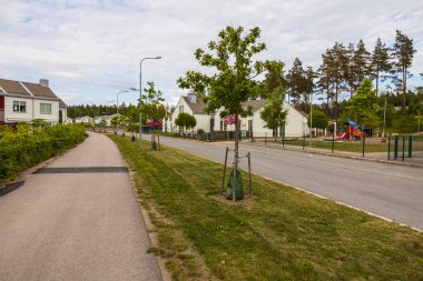 Güzel bir köy yolu manzarası ve özel yazlık evler. İsveç.