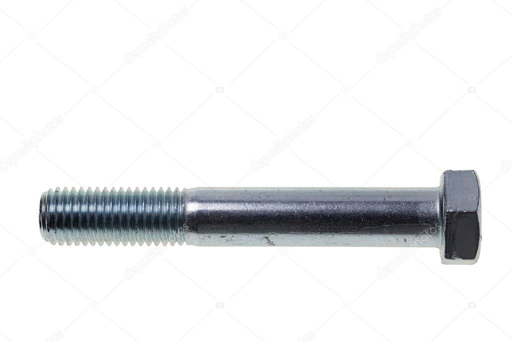 Close up macro view of steel bolt on white background.