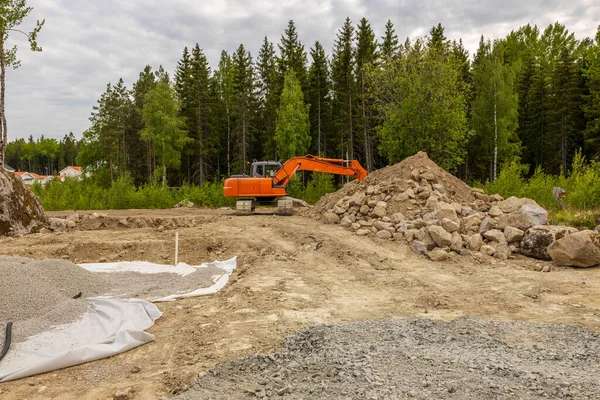 View of construction place on the fenced area. Industrial background. Sweden.