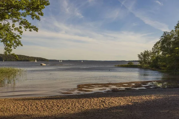 Erstaunliche Schönheit Farbenfroher Sonnenuntergang See Schöne Sommer Natur Hintergründe Schweden — Stockfoto