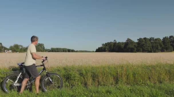 Menutup Pandangan Laki Laki Dengan Sepeda Akan Sepanjang Lapangan Gandum — Stok Video