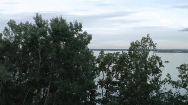 Tepeden aşağıya güzel doğa manzarası Baltık deniz yüzeyindeki yeşil ağaçların arasından mavi gökyüzü arka planında..