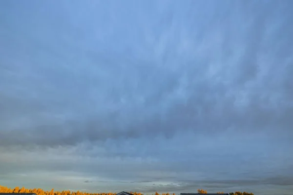 Magnífica Vista Del Cielo Nublado Sobre Las Copas Casas Árboles —  Fotos de Stock
