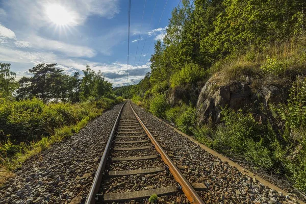 Uitzicht Een Deel Van Spoorweg Zomerdag Achtergrond Van Het Vervoersconcept — Stockfoto