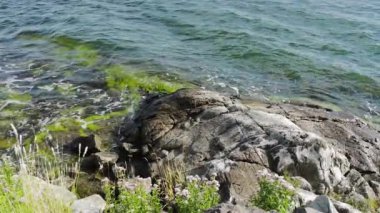 Baltık Denizi 'nin taşlara çarptığı güzel, yavaş çekim manzarası. Muhteşem doğa manzarası. İsveç.
