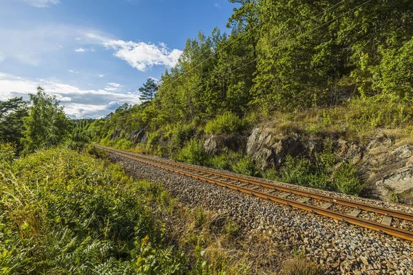 Uitzicht Een Deel Van Spoorweg Zomerdag Achtergrond Van Het Vervoersconcept — Stockfoto