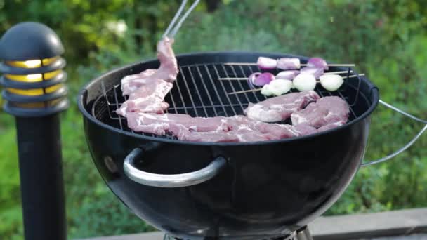 Närbild Manliga Grillning Kött Stek Och Lök Utomhus Sommardagen Hälsosam — Stockvideo