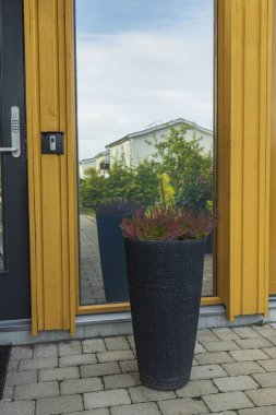 Giriş kapısının yanındaki pembe dekoratif çiçeklerin güzel dış görünüşü..  