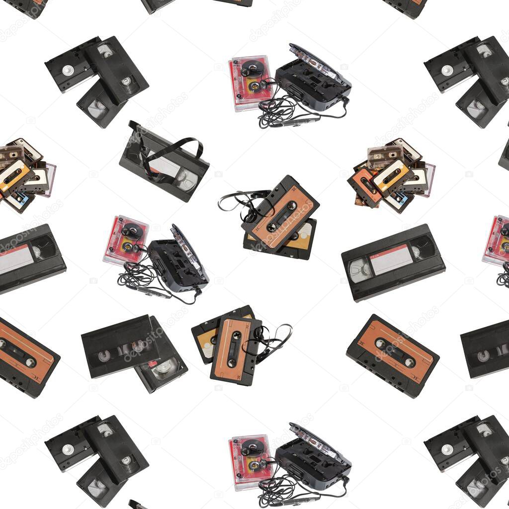 Retro pattern in form of old videotapes and audiotapes on white background.