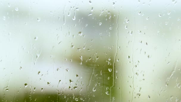 关上窗户玻璃上的雨滴的近景 美丽的自然背景 — 图库视频影像