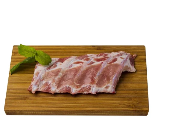 Vista Cerca Las Costillas Cerdo Crudo Corte Madera Amplia Concepto — Foto de Stock