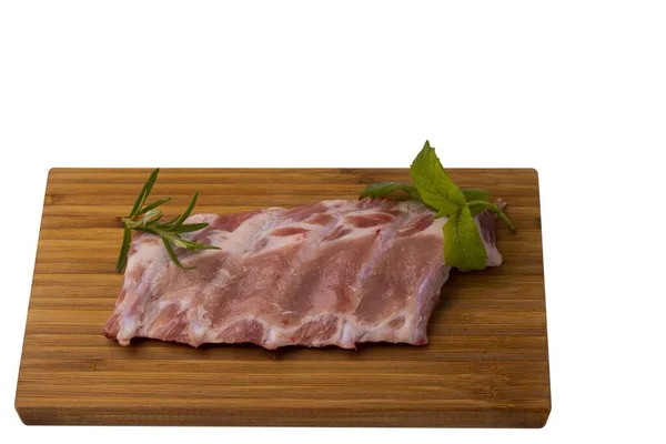 Vista Cerca Las Costillas Cerdo Crudo Corte Madera Amplia Concepto — Foto de Stock