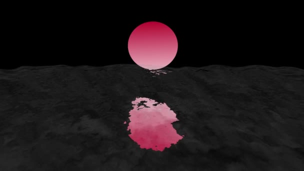 ピンクの太陽のシルエットと暗い水面の反射をフィーチャーしたアニメーションスクリーンセーバー — ストック動画
