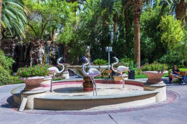 Tropikal bahçedeki çiçek saksılarıyla süslü flamingo şelalesi. Palmiye ağaçlarıyla çevrili. Las Vegas mı? ABD. 