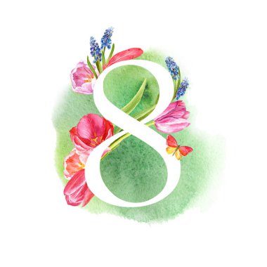 Şekil 8 bahar çiçekleri, muscari laleler, Davetiyeler, kartları, düğün ve diğerleri için ile. Kadın tatil. Tebrik kartı. Dünya Kadınlar Günü için Banner.