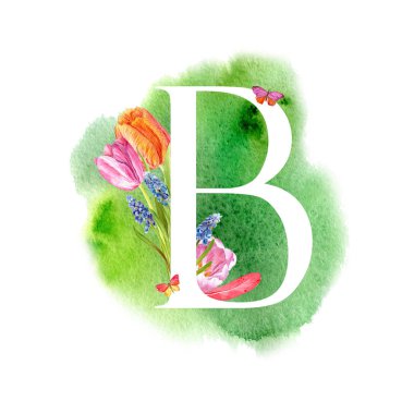 Mektup b Bahar çiçekleri, Davetiyeler, kartları, düğün ve daha fazlası için muscari Lale ile alfabesinde bir harf.