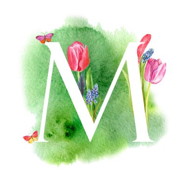 Harf M. Bahar çiçekleri, Davetiyeler, kartları, düğün ve daha fazlası için muscari Lale ile alfabesinde bir harf.