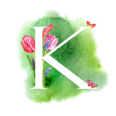 Mektup K. Bahar çiçekleri, Davetiyeler, kartları, düğün ve daha fazlası için muscari Lale ile alfabesinde bir harf.