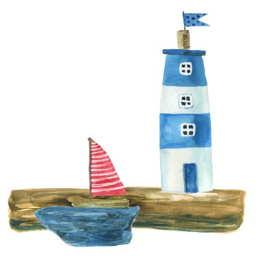 Tasarımınız için suluboya deniz feneri. El çizimi boyalı