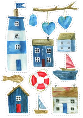 Deniz feneri, ahşap tekne, çapa, ip, taşlar ve beyaz arka plan üzerinde izole Kaptan'ın cap suluboya deniz koleksiyonu