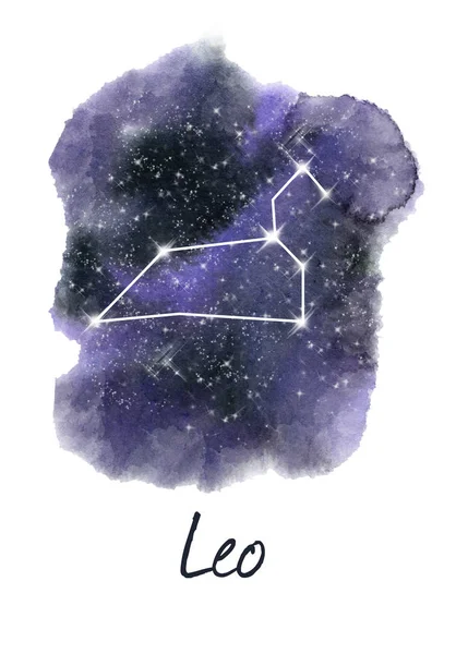 Stjärntecken Leo Mörk Blå Hand Dras Akvarell Natthimlen Med Stjärnor — Stockfoto