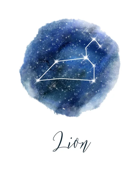 Znak Zodiaku Lew Ciemny Niebieski Ręcznie Rysowane Akwarela Nocne Niebo — Zdjęcie stockowe