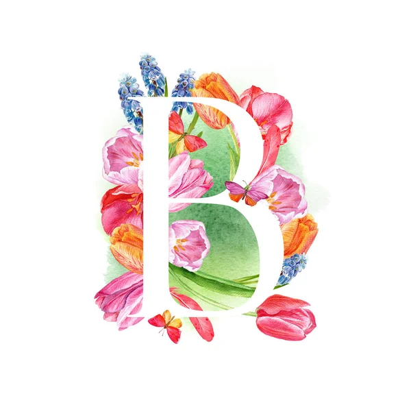 Letter b. A letter of the alphabet with spring flowers, muscari tulips, for invitations, cards, weddings and more.