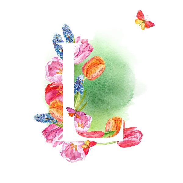Letter L. A letter of the alphabet with spring flowers, muscari tulips, for invitations, cards, weddings and more.