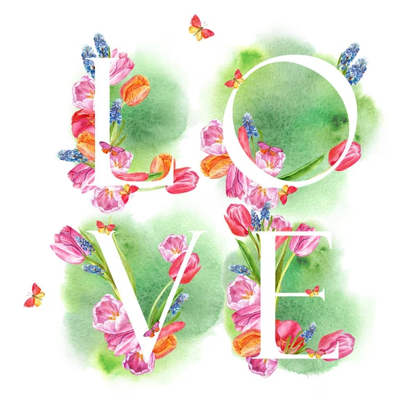 Ordet Kärlek Färdiga Kvartalet Kortet Bokstav Alfabetet Med Vårblommor Muscari — Stockfoto