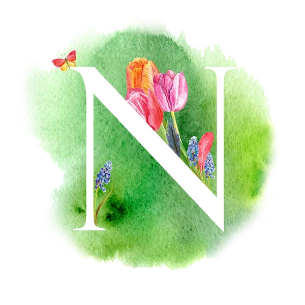 Letter N. A letter of the alphabet with spring flowers, muscari tulips, for invitations, cards, weddings and more.