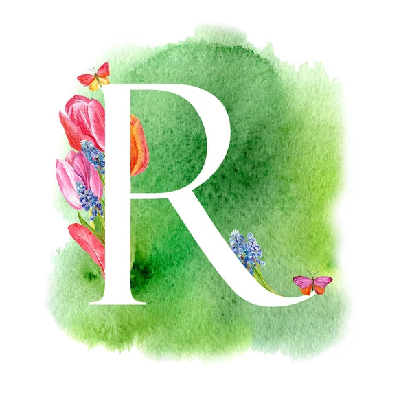 Letter R. A letter of the alphabet with spring flowers, muscari tulips, for invitations, cards, weddings and more.