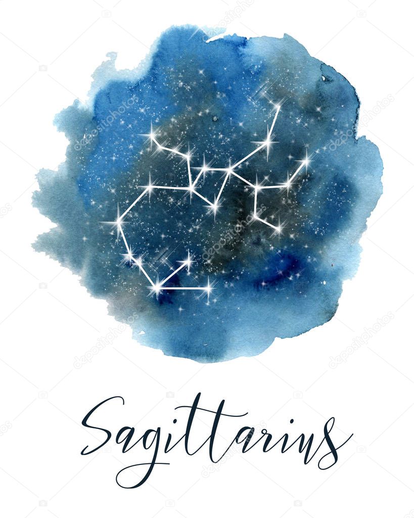 Zodiac sign Taurus. Dark blue hand drawn watercolor night sky with stars. Rough, artistic edges. Raster version.