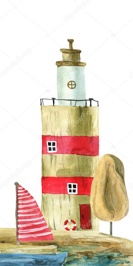 Watercolor lighthouse for your design. Hand painted illustration