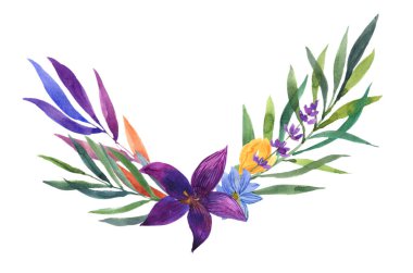 Beyaz arka plan üzerinde yabani çiçekler ile el çizilmiş suluboya kompozisyon 