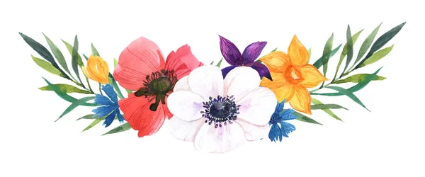 Composición Acuarela Dibujada Mano Con Flores Silvestres Sobre Fondo Blanco — Foto de Stock