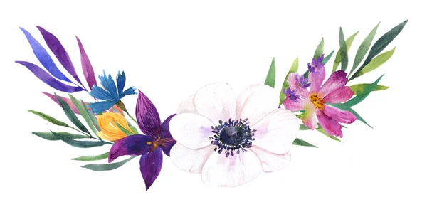 Composición Acuarela Dibujada Mano Con Flores Silvestres Sobre Fondo Blanco — Foto de Stock