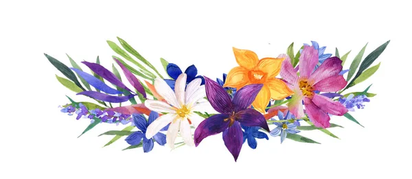 Ręcznie Rysowane Kompozycji Akwarela Dzikich Kwiatów Białym Tle — Zdjęcie stockowe