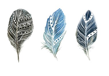 Beyaz arka planda suluboya tüyleri. Boho tarzı. Beyaz arka planda izole tüyler. Kartlar, davetiyeler, posterler, kumaşlar, giysiler için çizimler.