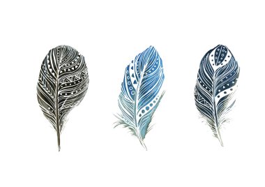 Beyaz arka planda suluboya tüyleri. Boho tarzı. Beyaz arka planda izole tüyler. Kartlar, davetiyeler, posterler, kumaşlar, giysiler için çizimler.