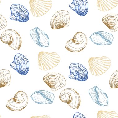 Beyaz arka planda izole edilmiş anahat deniz kabukları ile Dikişsiz desen